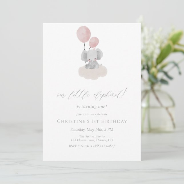 Pink Elephant First Birthday Invitation Inbjudningar (Stående Fram)