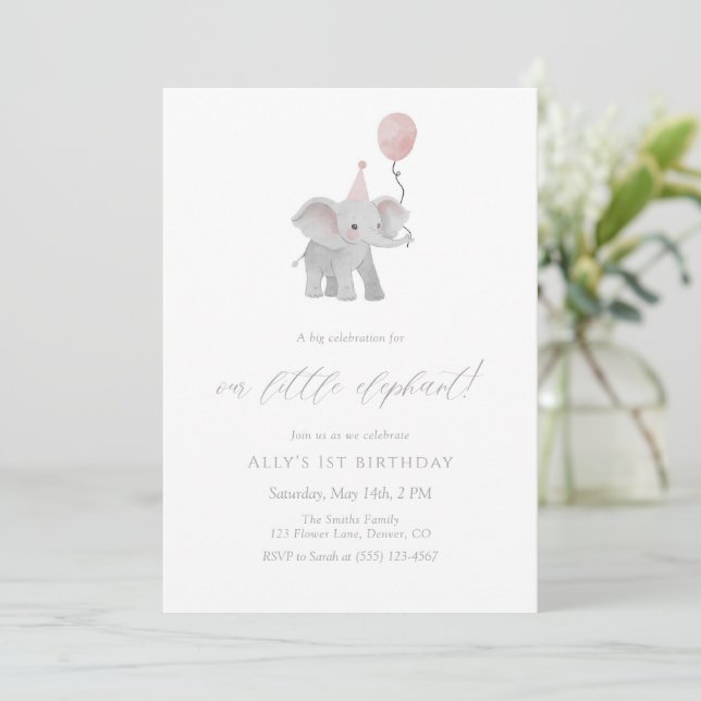 Pink Elephant First Birthday Invitation Watercolor Inbjudningar (Stående Fram)