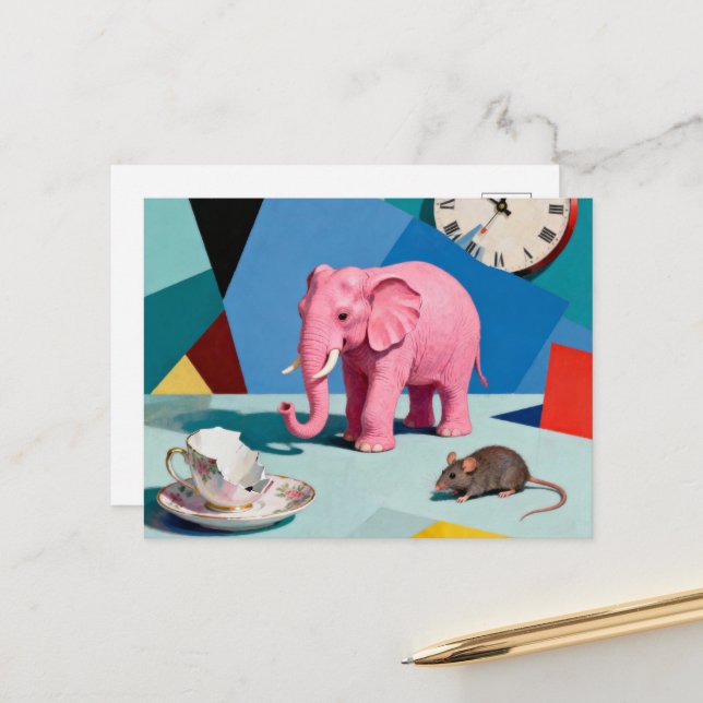 Pink Elephant Mouse Broken Teacup Clock Surreal Vykort (Fram/Back In Situ)
