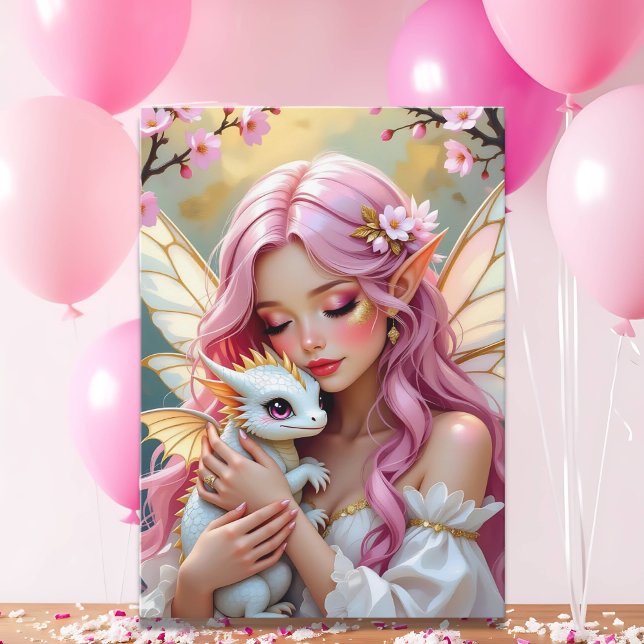Pink Elven Fairy & White Dragon | Happy Birthday Kort (Skapare uppladdad)