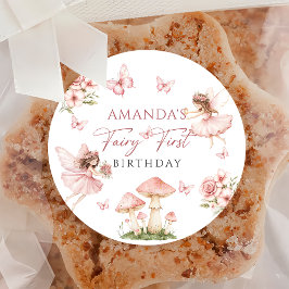 Pink Fairy First Birthday Party Sticker Runt Klistermärke