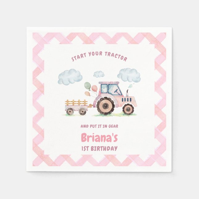 Pink Farm Tractor Girl Any Age Birthday Pappersservett (Framsidan)