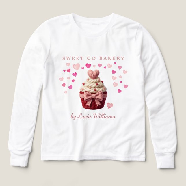 Pink Faux Crochet Cupcake Business Bakery  T Shirt (Design framsida)