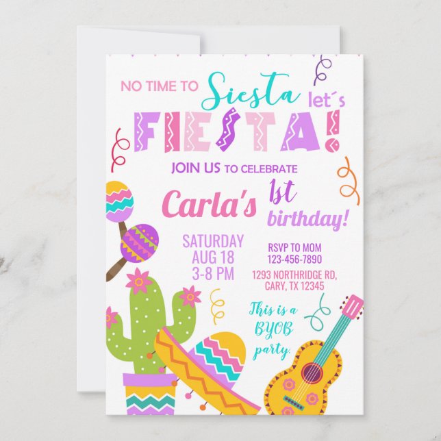 pink Fiesta girl birthday invitation, any age. Inbjudningar (Framsida)