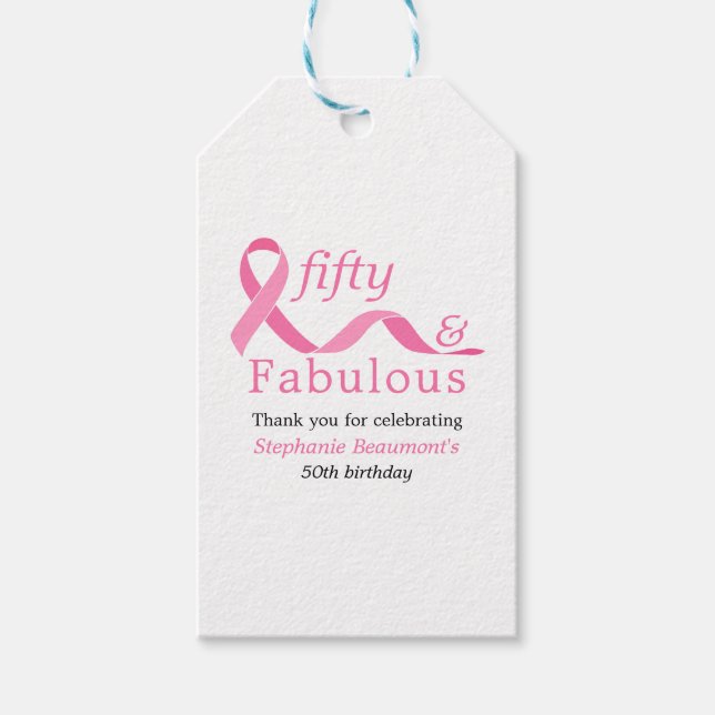 Pink Fifty Fabulous Fighting Cancer 50th Birthday Presentetikett (Framsidan)