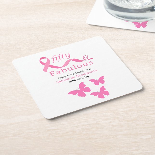 Pink Fifty Fabulous Fighting Cancer 50th Birthday Underlägg Papper Kvadrat (Vinklad)