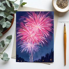 Pink Fireworks | Happy New Year Watercolor Vykort