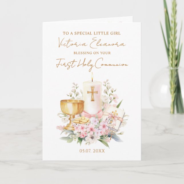 Pink First Holy Communion Chalice Candle Kort (Framsida)