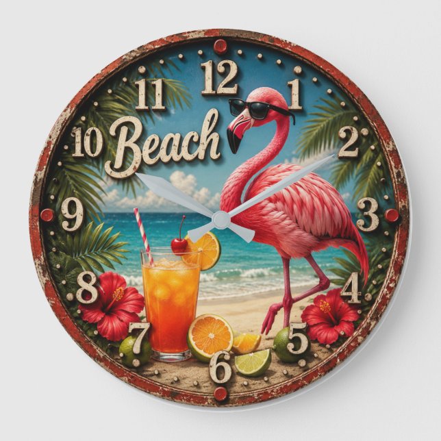 Pink Flamingo Beach Stor Klocka (Framsida)