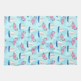 Pink Flamingo Blue Sailboat Tropical Nautical Kökshandduk