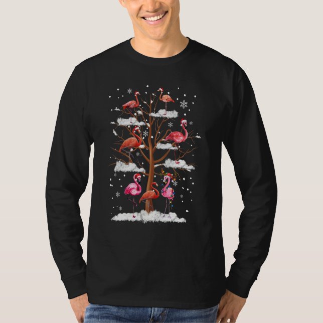 Pink Flamingo Christmas Tree Light Santa Hat  Xmas T Shirt (Framsida)
