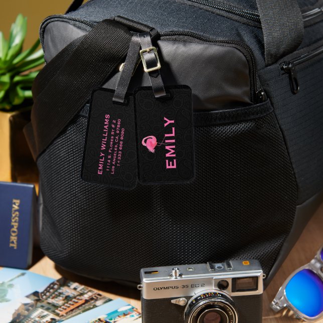 Pink Flamingo Custom text Black Paisley Bagagebricka (Fram & Baksida)
