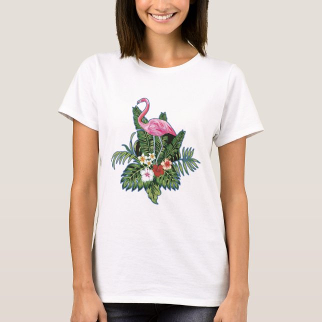 Pink flamingo, hand painted, green leaves, t shirt (Framsida)