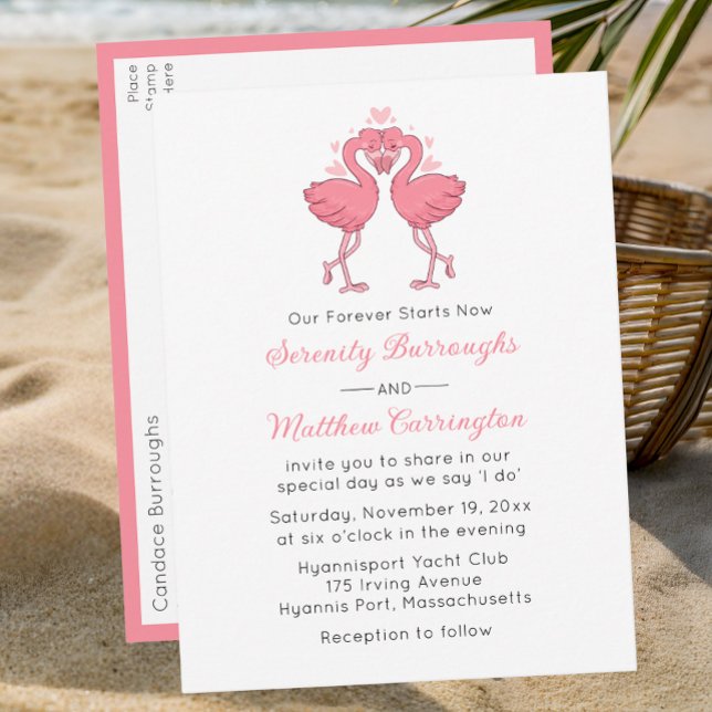 Pink Flamingo Hawaiian Tropical Beach Wedding Inbjudan Vykort (Skapare uppladdad)