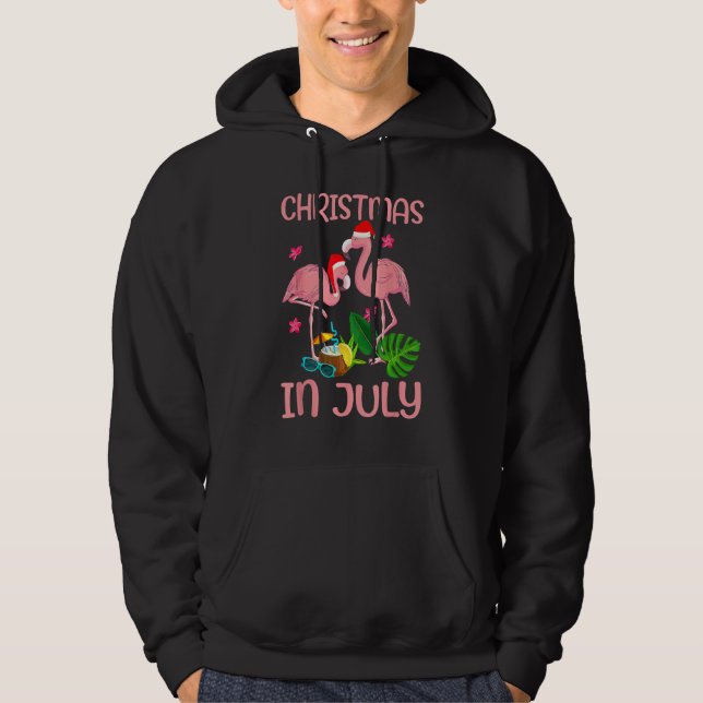 Pink Flamingo In Santa Hat Christmas In July Hoodie (Framsida)