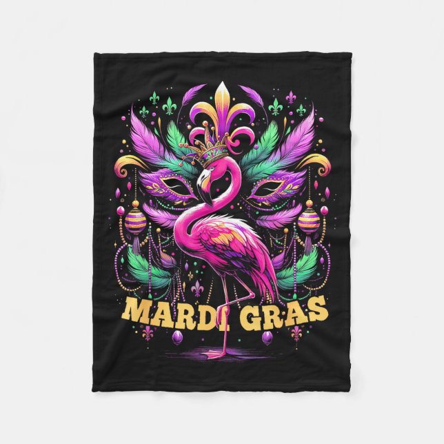 Pink Flamingo Mardi Gras Crown And Beads Mask Carn Fleecefilt (Framsidan)
