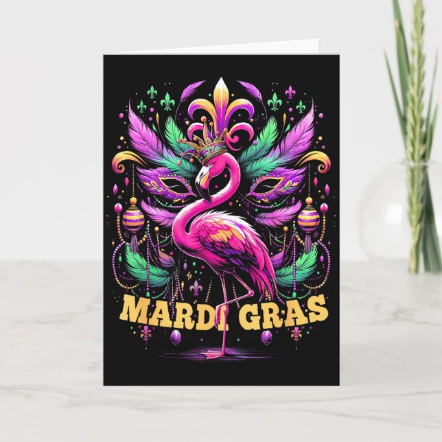 Pink Flamingo Mardi Gras Crown And Beads Mask Carn Kort (Framsida)
