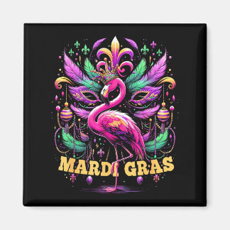 Pink Flamingo Mardi Gras Crown And Beads Mask Carn Magnet
