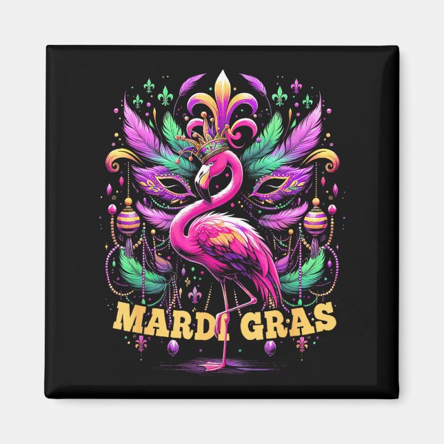 Pink Flamingo Mardi Gras Crown And Beads Mask Carn Magnet (Framsidan)