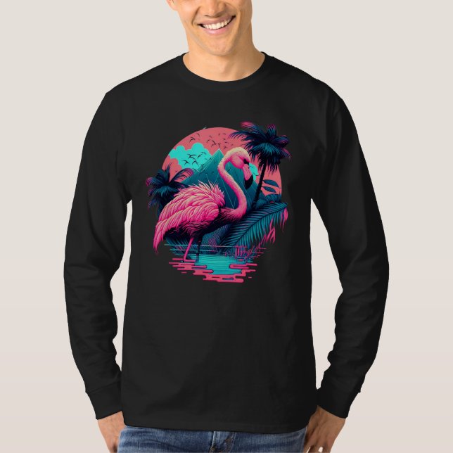 Pink Flamingo Retro Synthwave Pineapple Tropical S T Shirt (Framsida)