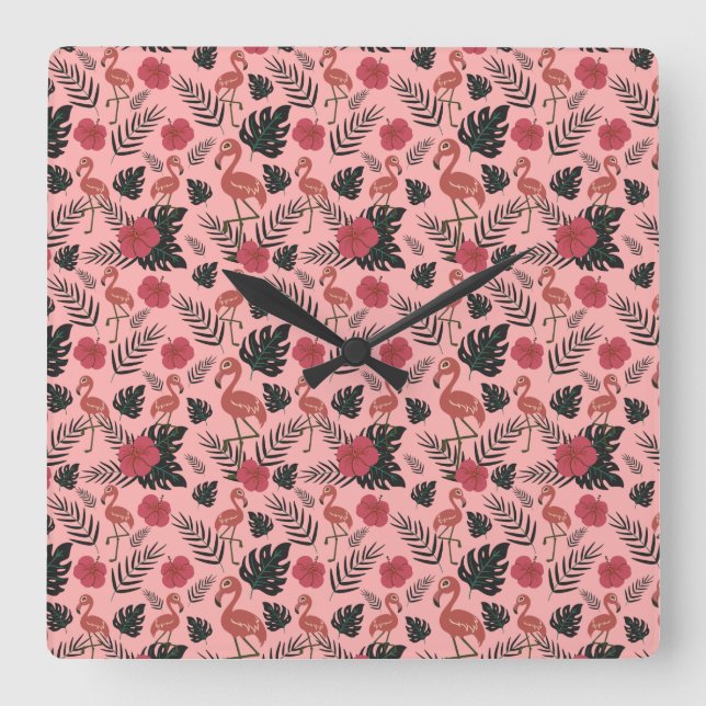 Pink flamingo seamless pattern flowers and leaves fyrkantig klocka (Framsida)