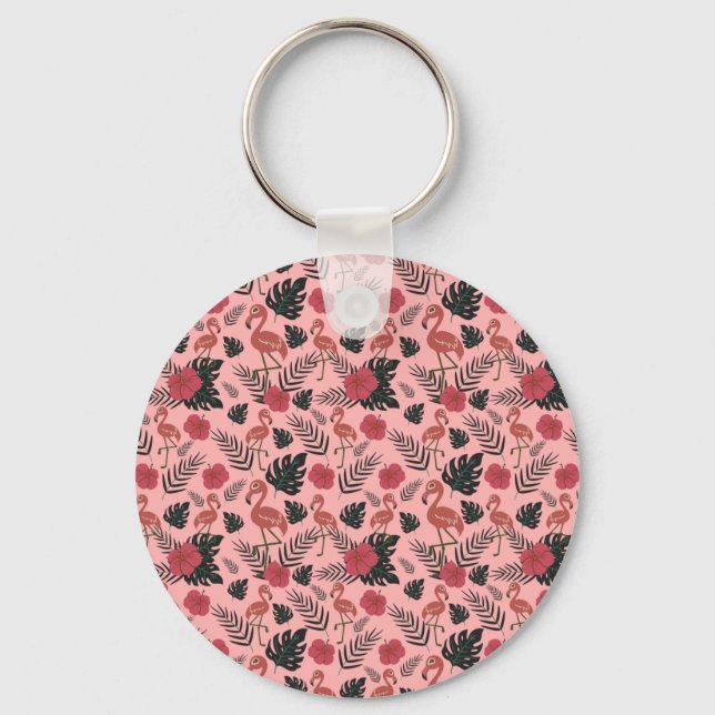 Pink flamingo seamless pattern flowers and leaves nyckelring (Framsida)