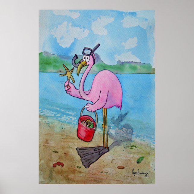 Pink Flamingo Snorkle Scuba Beach Whimsical Poster (Framsidan)