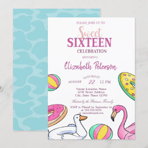 Pink Flamingo Sommar Pool Sweet 16-fest Inbjudningar