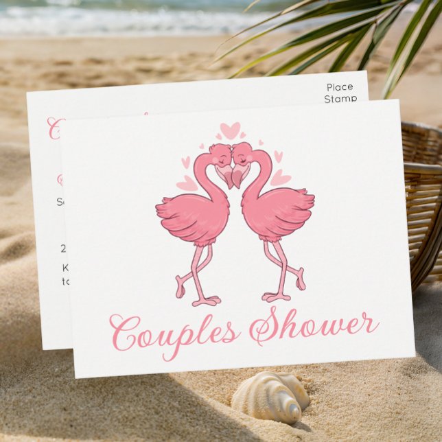 Pink Flamingo Tropical Beach Couples Bridal Shower Inbjudan Vykort (Skapare uppladdad)