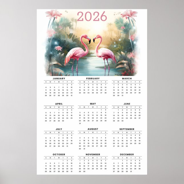 Pink Flamingos in Paradise: 2026 Wall Calendar Poster (Framsidan)