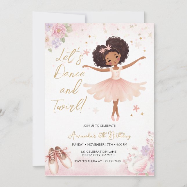 Pink Floral African America Ballerina Birthday Inbjudningar (Framsida)
