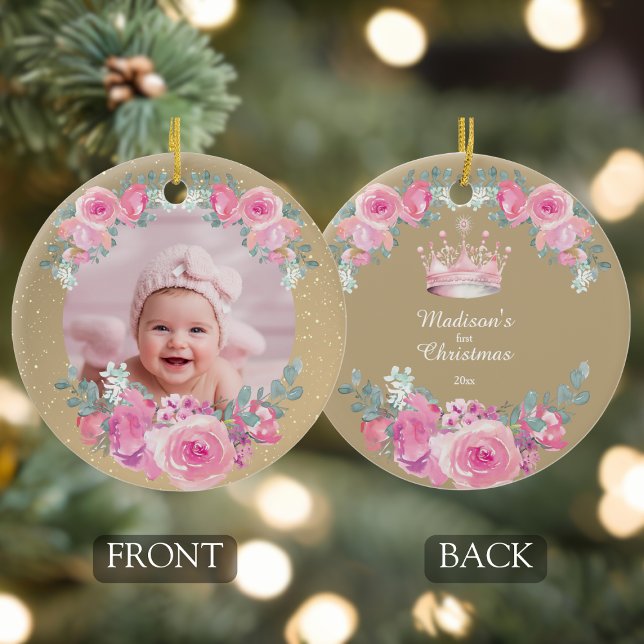 Pink Floral Baby Girl First Christmas Julgransprydnad Keramik (baby girls first christmas personalized photo pink gold floral ornament with custom name and year)