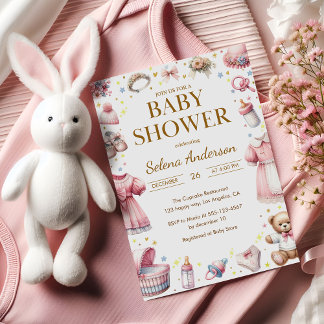 Pink Floral Baby Girl Shower Invitation with Toys  Inbjudningar