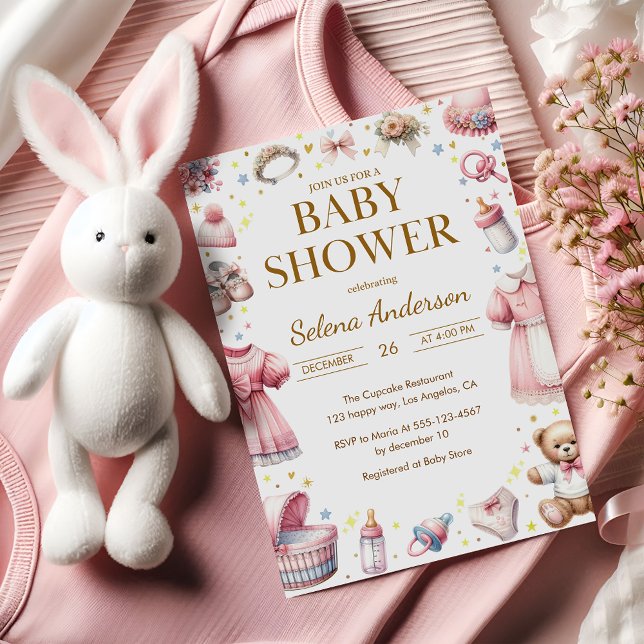 Pink Floral Baby Girl Shower Invitation with Toys  Inbjudningar (Skapare uppladdad)