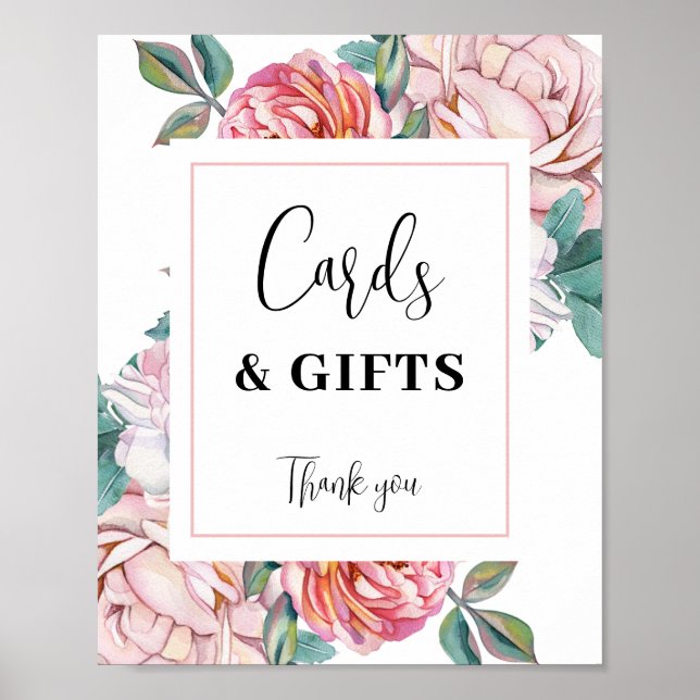 Pink Floral Baby Shower Cards and Gifts sign Poster (Framsidan)