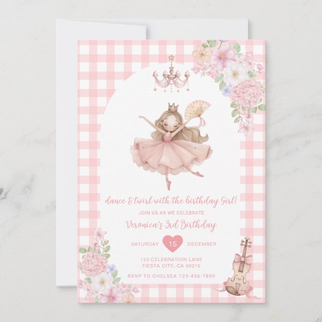 Pink Floral Ballerina Dance and Twirl Birthday Inbjudningar (Framsida)