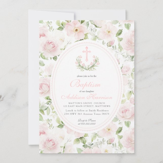 Pink floral Baptism Invitation, Girl Baptism,  Inbjudningar (Framsida)