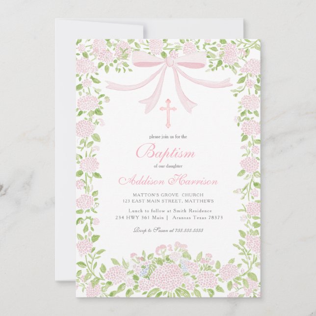 Pink floral Baptism Invitation, Girl Baptism,  Inbjudningar (Framsida)