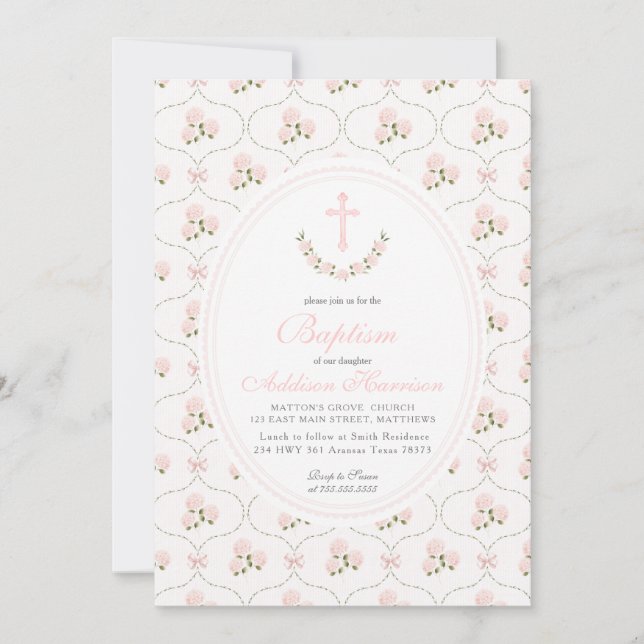 Pink floral Baptism Invitation, Girl Baptism,  Inbjudningar (Framsida)