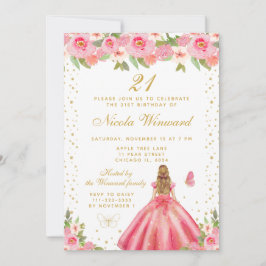 Pink Floral Blonde Hair Princess Birthday Party Inbjudningar