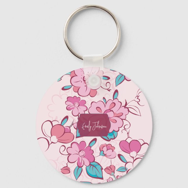 Pink Floral Blossom Script Name Paper Coaster Nyckelring (Framsida)