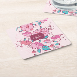 Pink Floral Blossom Script Name Paper Coaster Underlägg Papper Kvadrat