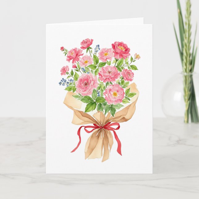 Pink Floral Bouquet Watercolor Valentines Day Helgkort (Framsida)
