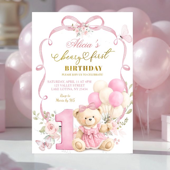 Pink Floral Bow Coquette Beary First Birthday Inbjudningar (Skapare uppladdad)