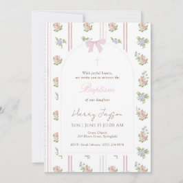 Pink Floral Bow Elegant Christian Girl Baptism Inbjudningar