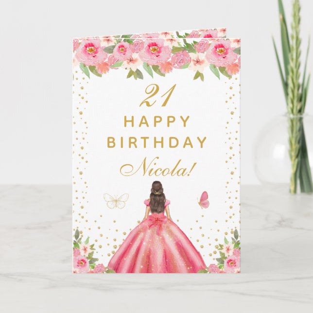 Pink Floral Brunette Hair Girl Birthday Kort (Framsida)