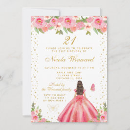 Pink Floral Brunette Hair Princess Birthday Party Inbjudningar