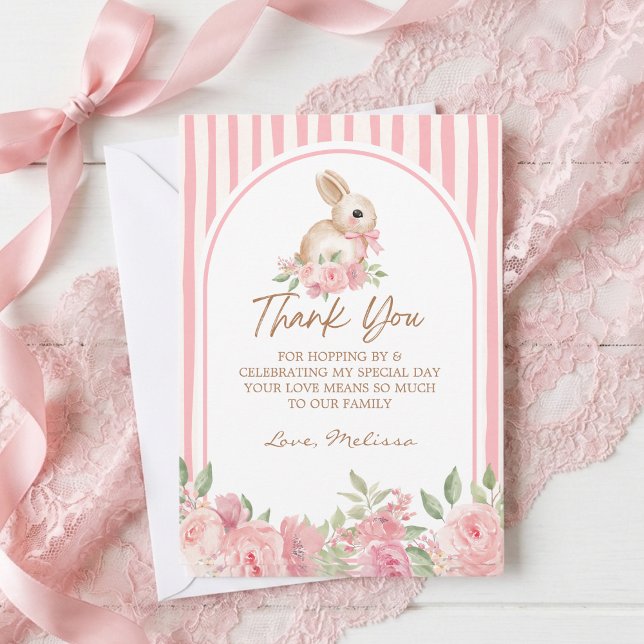 Pink Floral Bunny Bow Birthday Thank You  Tack Kort (Skapare uppladdad)