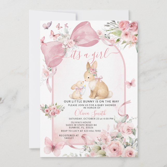 Pink Floral Bunny Pink Bow Baby Shower Invitation Inbjudningar (Framsida)