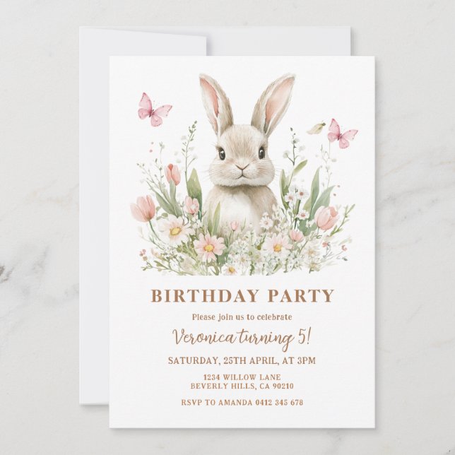 Pink Floral Bunny Rabbit Girl Birthday Party  Inbjudningar (Framsida)